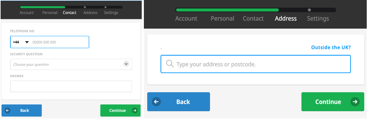 Pages three and four of the registration process, with fields for contact information, security details and address